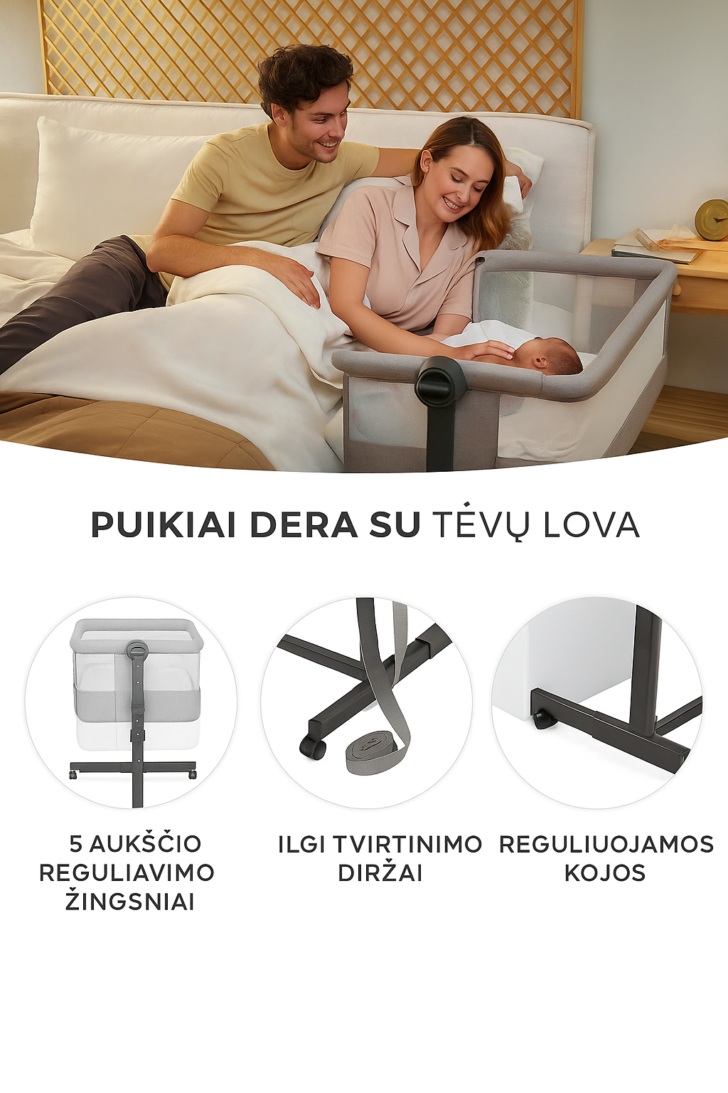 Vaikiška lovytė–šoninė lovytė KINDERKRAFT NESTE UP 2, šviesiai pilka