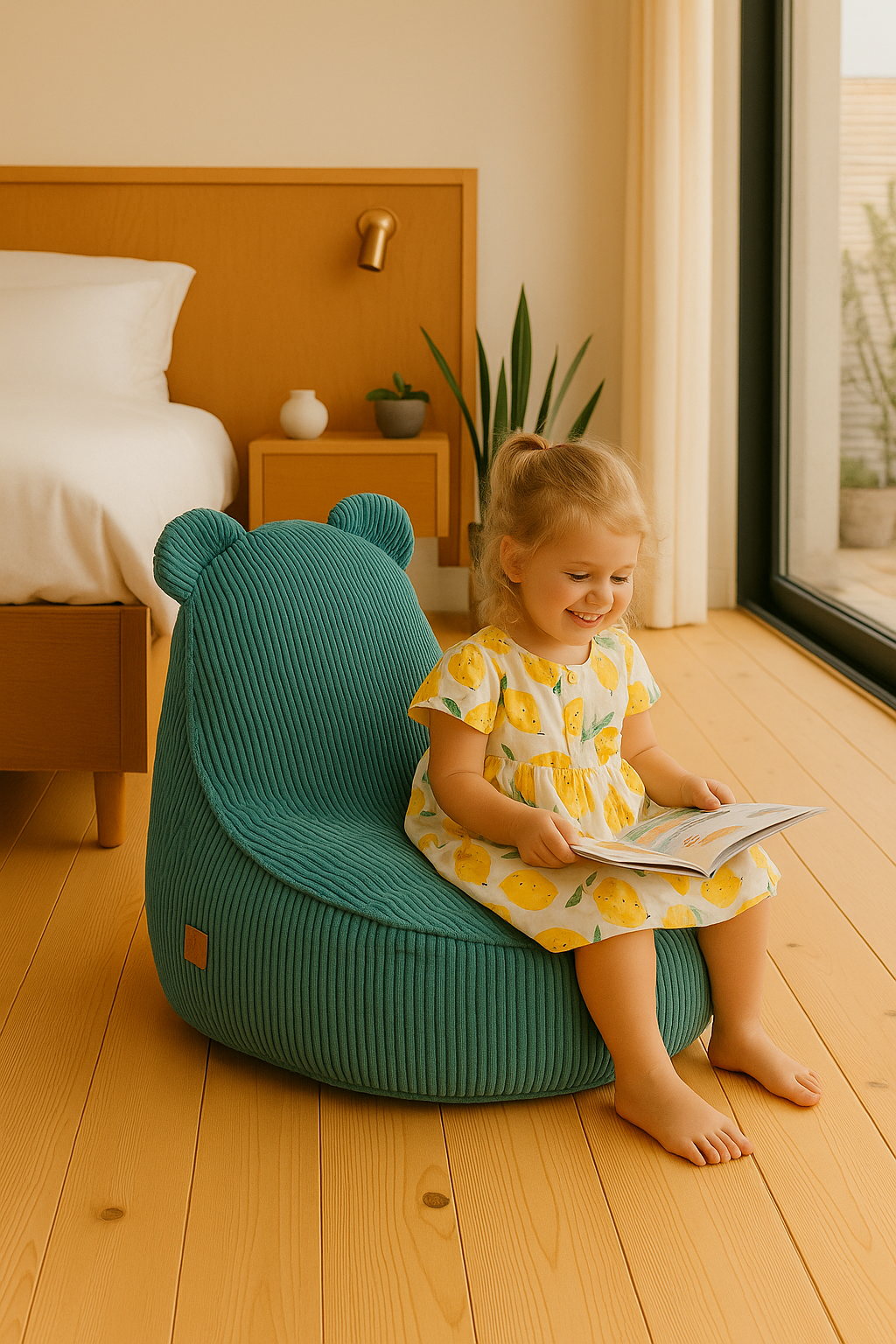 Child sitting on a green bear-shaped chair reading a book in a bedroom.
