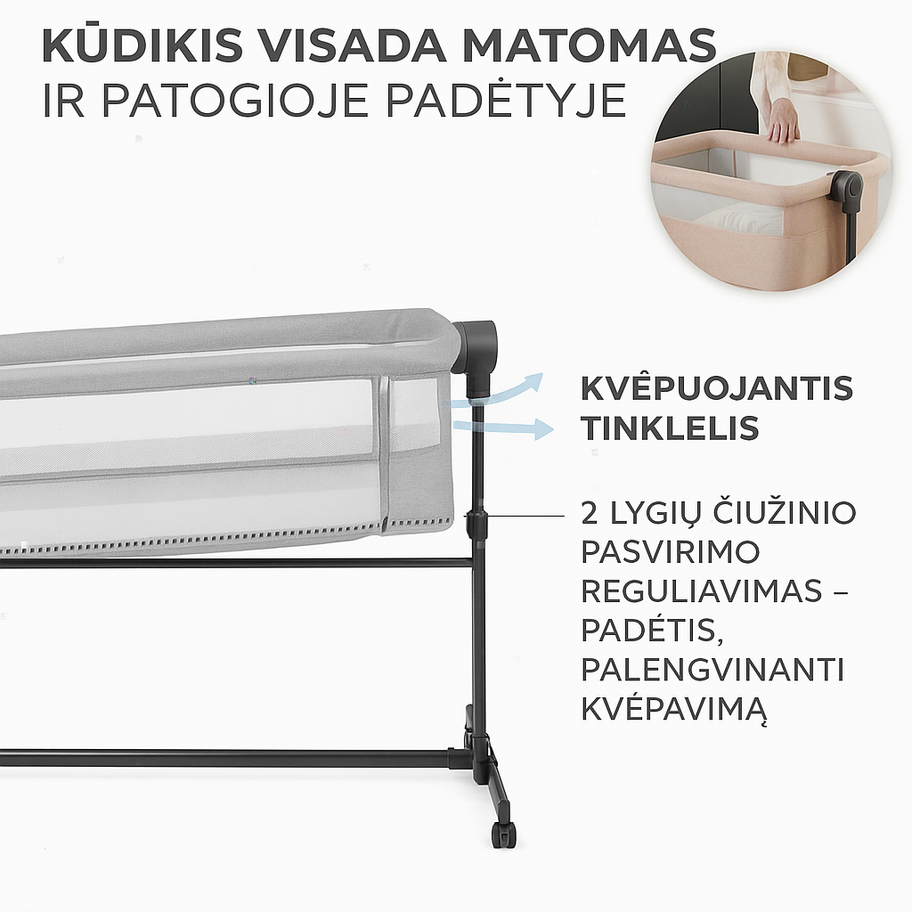 Vaikiška lovytė–šoninė lovytė KINDERKRAFT NESTE UP 2, šviesiai pilka