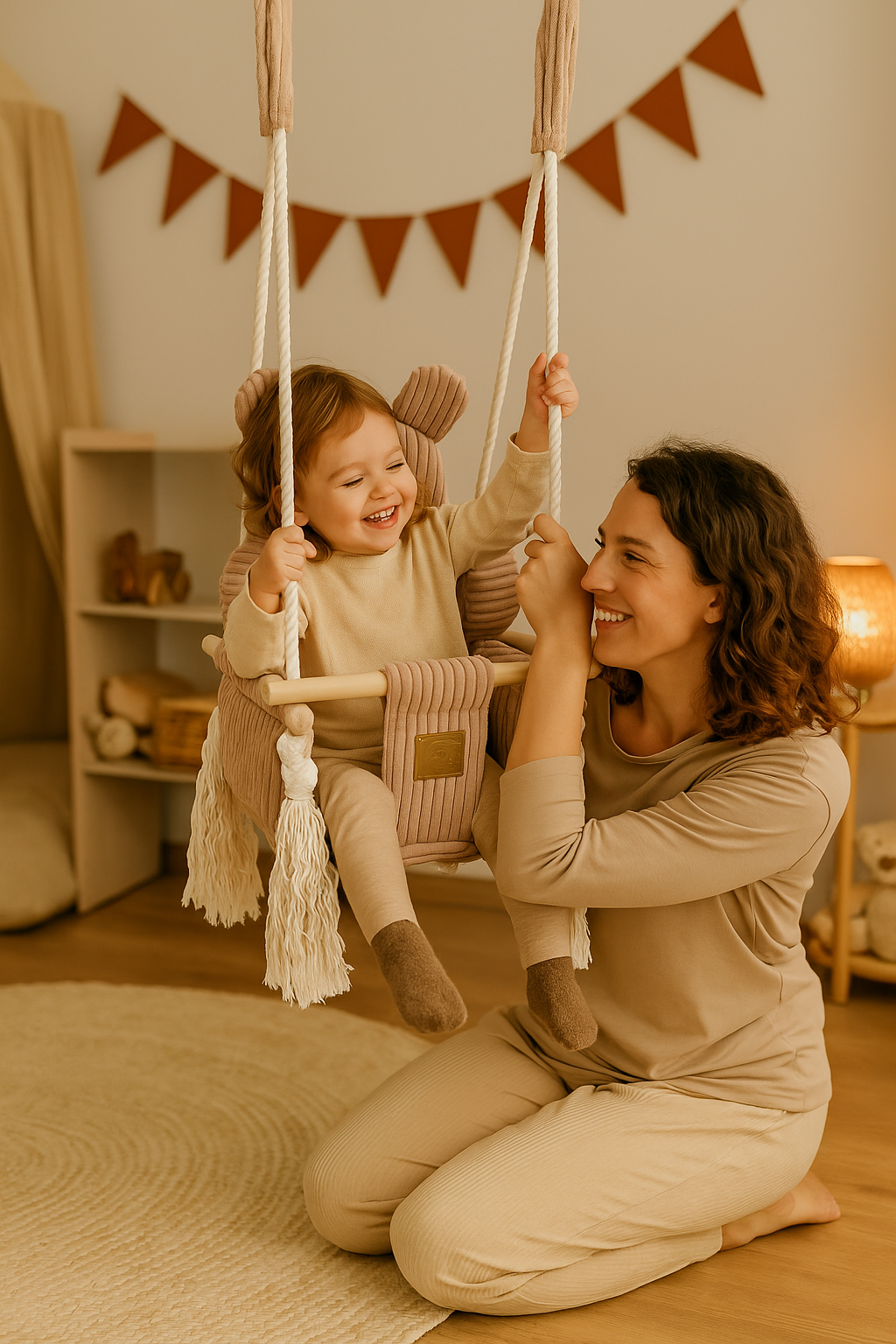 Woman and child playing with a swing in a cozy room.