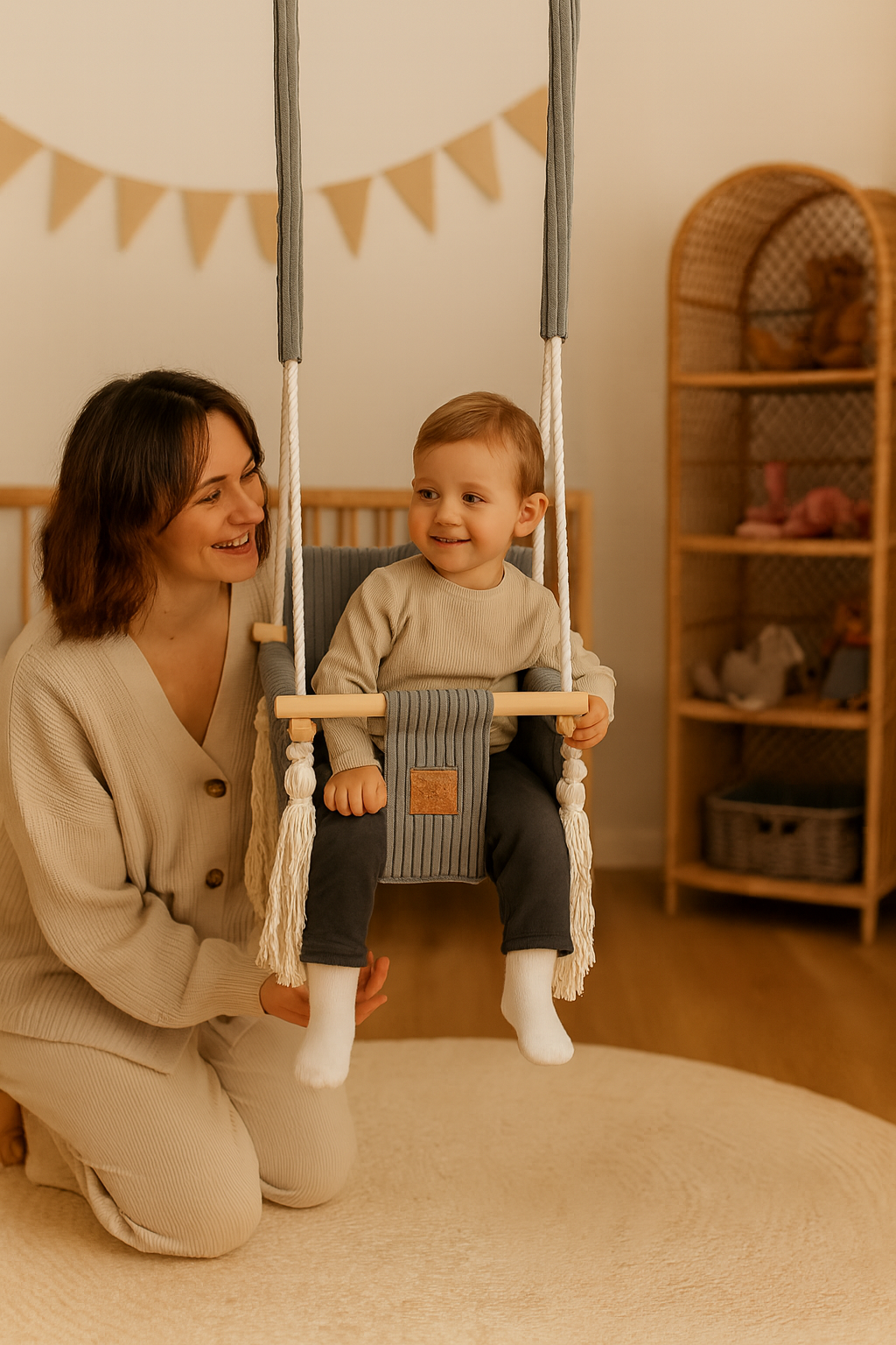 Woman kneeling next to a child in a swing, with a neutral-colored room in the background