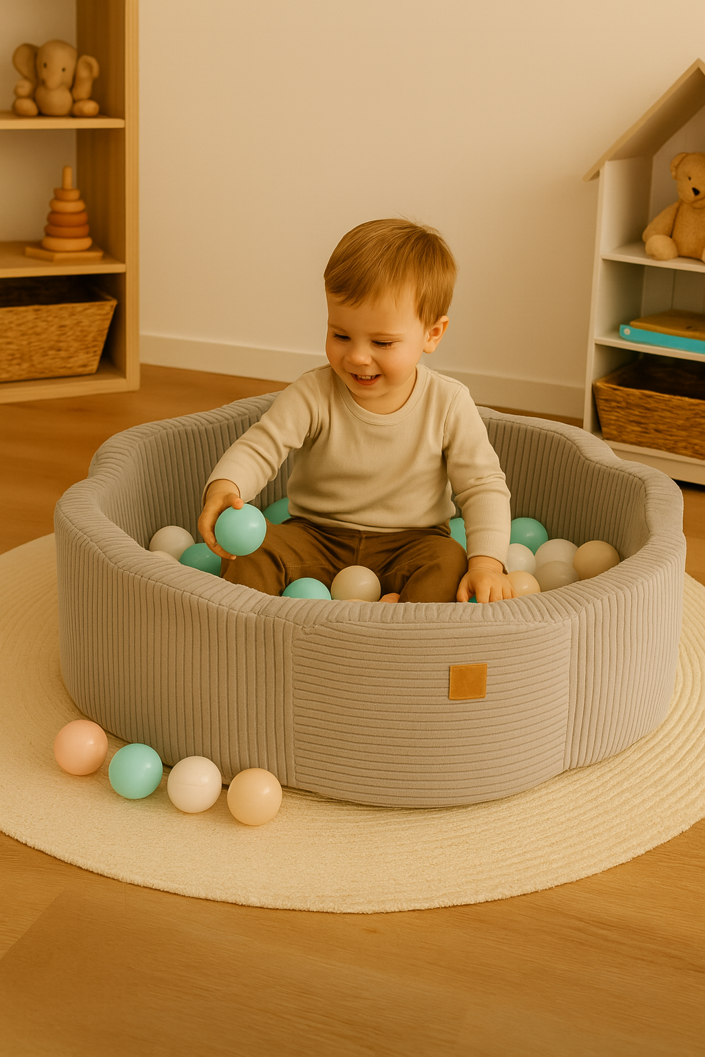 Child playing with colorful balls inside a soft playpen in a room with shelves and toys.