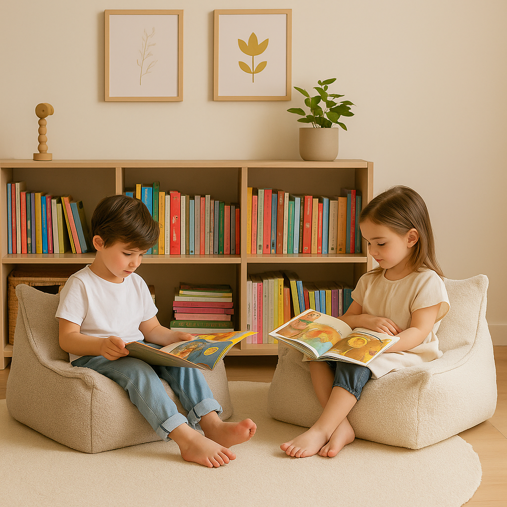 Kids sitting on bean bags reading books in a room