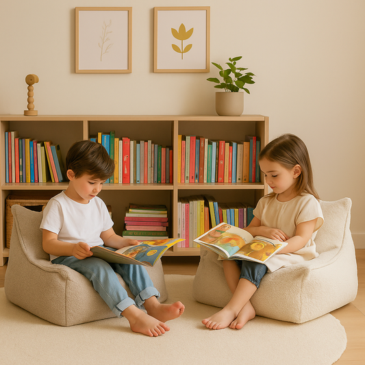 Kids sitting on bean bags reading books in a room