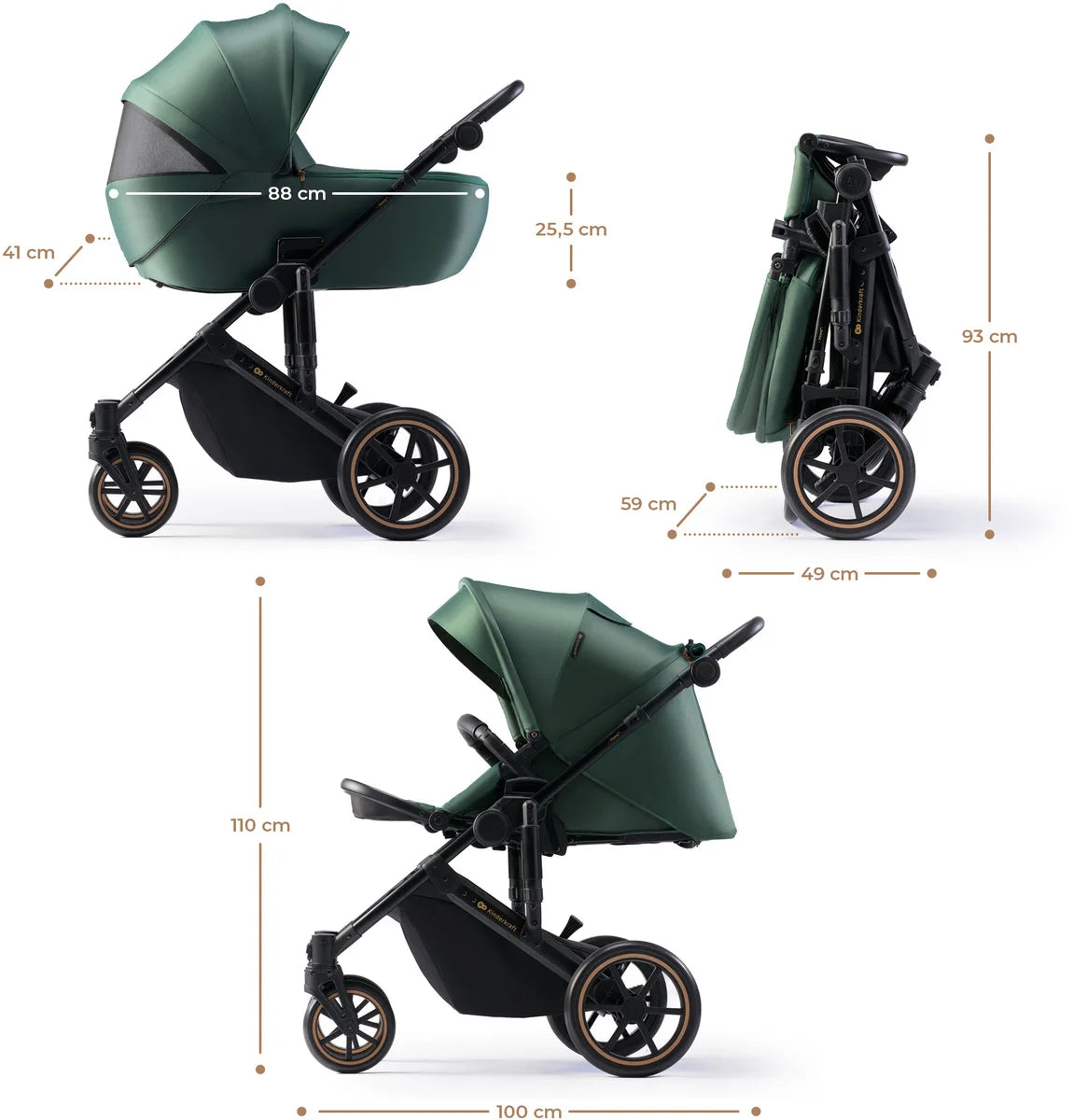 Vežimėlis KINDERKRAFT PRIME 2, tamsiai žalias (dark green)