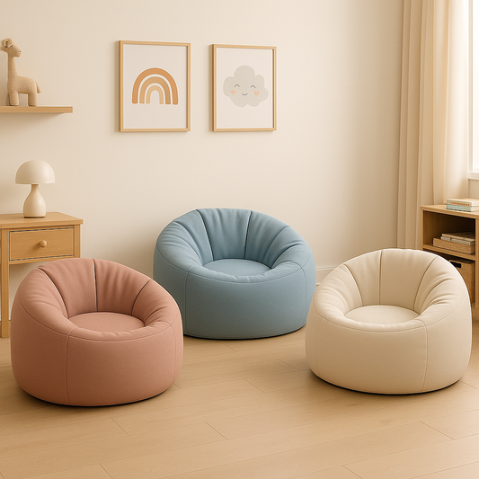 Three colorful bean bags in a room with wall decorations and furniture.