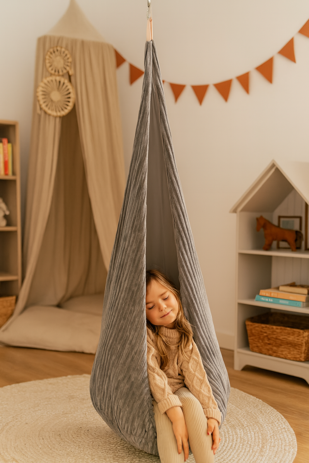 Child sitting in a hanging chair in a cozy room with a bookshelf and decorative elements.